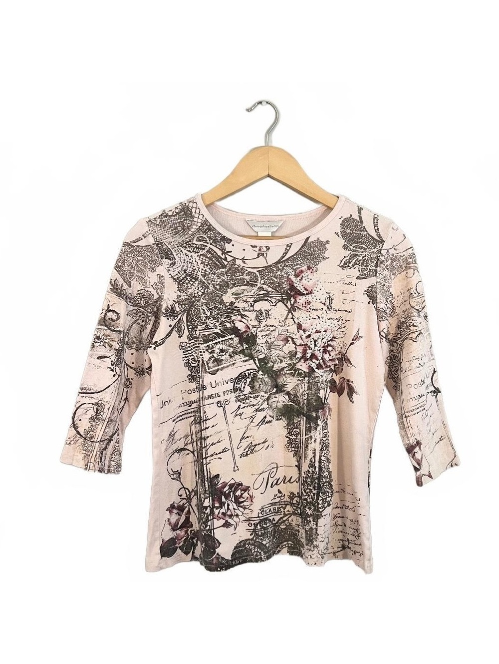 Y2K Pink Rhinestone Bling Floral Paris Graphic Text T-shirt 2000’s Bohemian